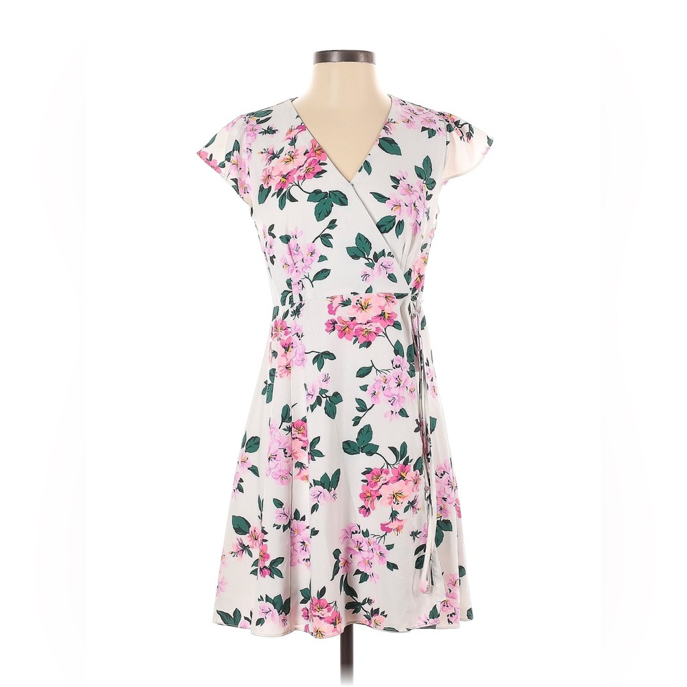 Ann Taylor floral cluster flutter sleeve wrap dress in white